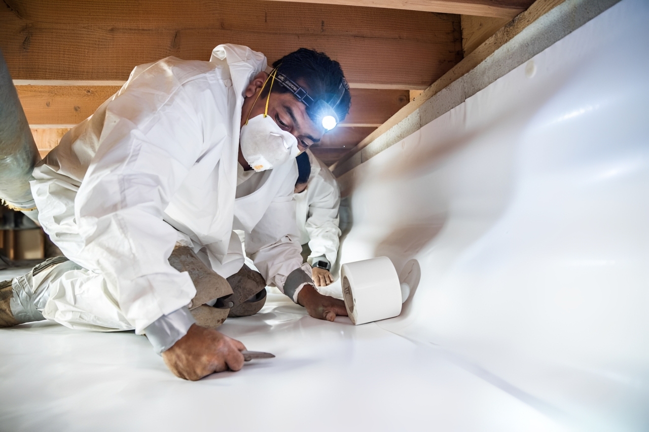 Crawl space worker doing lining installation